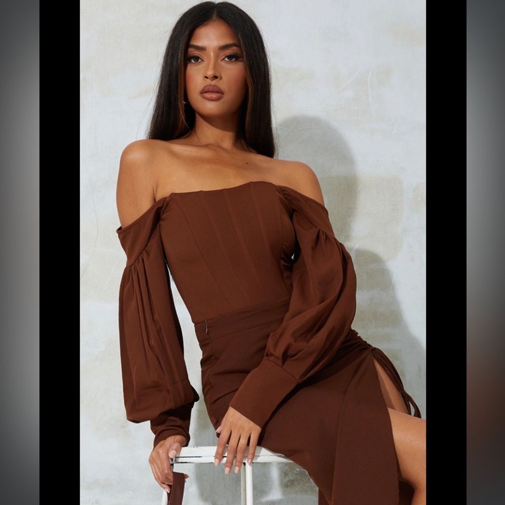 Chocolate Bardot Balloon Sleeve Corset Top Size Small US 4